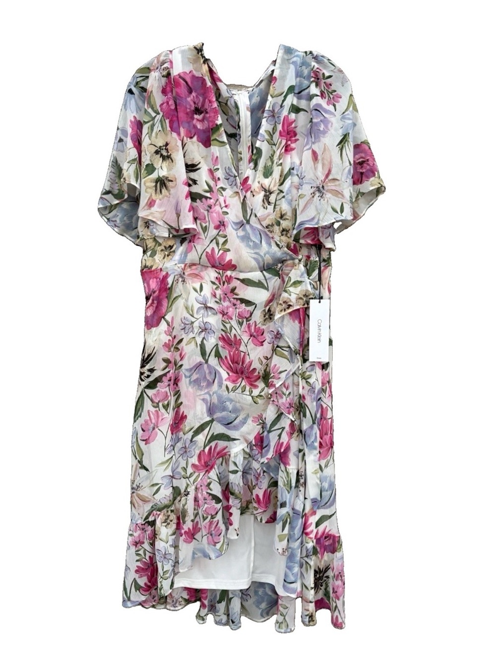 NWT Calvin Klein Chiffon Dress Size 14 Floral Print Surplice V-neck. MSRP $129